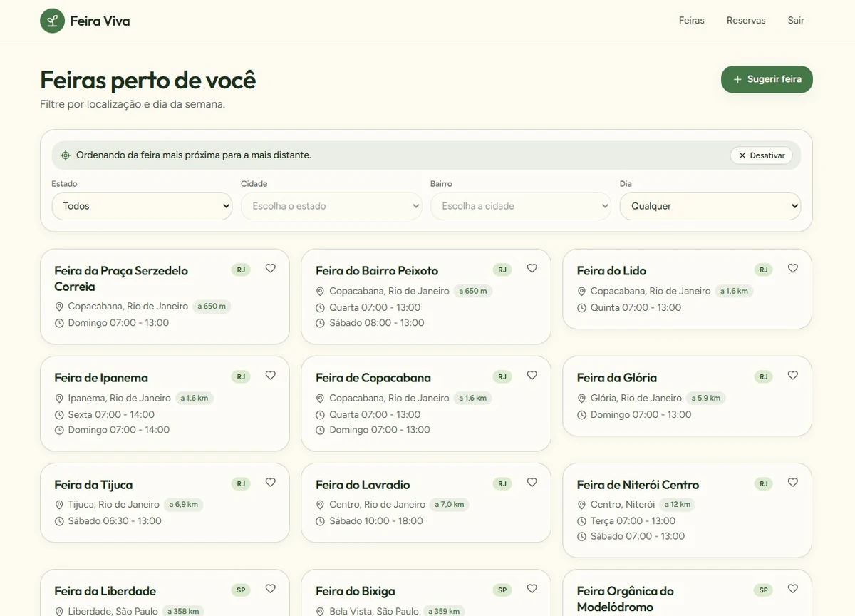 Tela de descoberta do Feira Viva: lista de feiras em cards, com filtros de estado, cidade, bairro e dia, e ordenação por proximidade