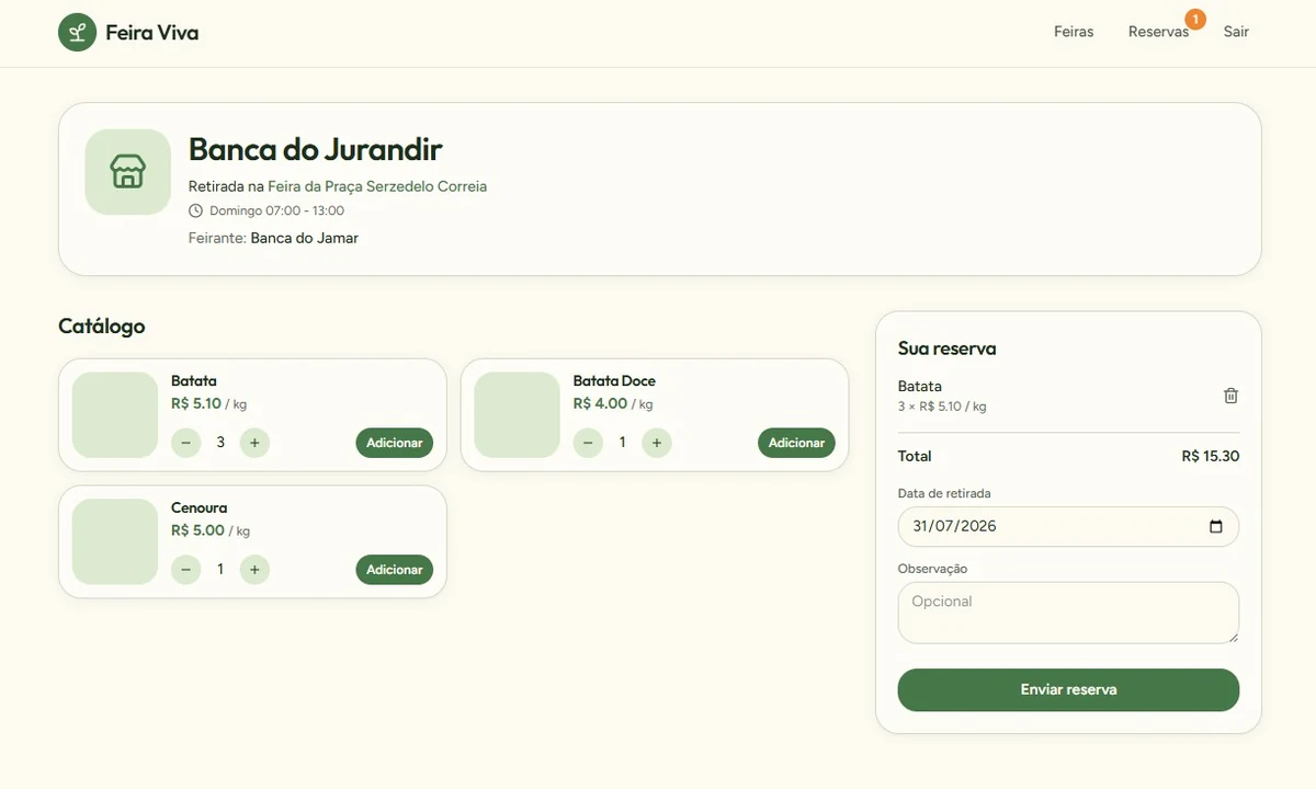 Catálogo de uma banca com produtos e preços por quilo, e o painel lateral de reserva com total, data de retirada e observação